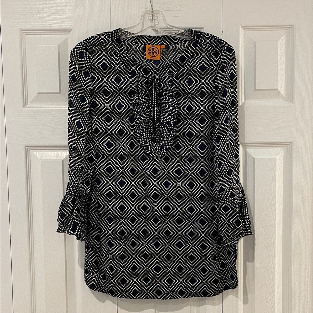 Tory Burch Navy and White Diamond Print Silk Tunic